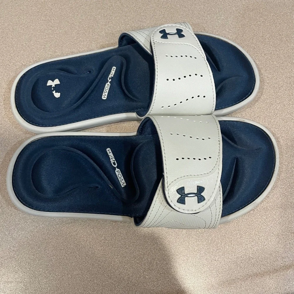 Under Armour Ignite VI Slides White Navy Blue 4D Foam Sandals 3022717-103 Size 6